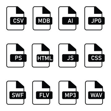 File extension format icon set including CSV MBD AI JPG PS HTML JS CSS MP3 WAV vector illustration.