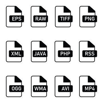 File format extension icon set including EPS RAW PNG XML PHP JAVA RSS AVI MP4 OGG vector illustration.
