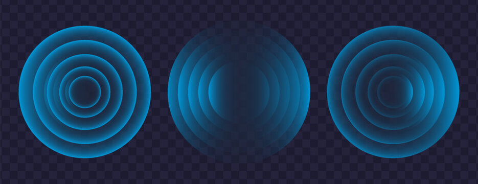 Sound wave. Signal concentric circle. Round light effect. Wifi range. Radio station signal. Water ripple with circle waves. A place or a painful point. Radar screen. Vector effect.