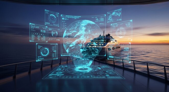 Yacht deck displays a holographic navigational interface showing real-time global maritime data metrics.