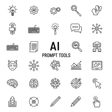 A collection of line art icons representing artificial intelligence and prompt engineering tools, including brains, gears, keyboards, and charts.