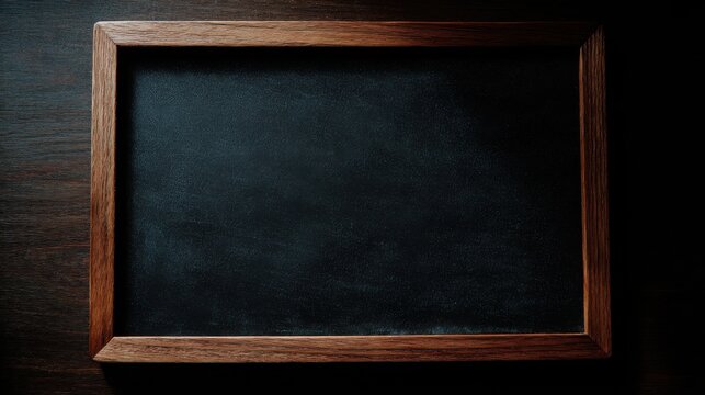 Dark vintage chalkboard framed with rich wooden edges, an empty textured surface for writing and learning