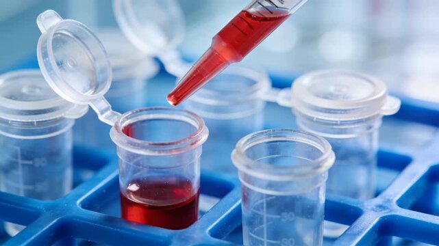 Pipette dispensing red liquid into small plastic tubes in a rack, showing laboratory testing, medical analysis, and scientific workflow in a controlled environment.
