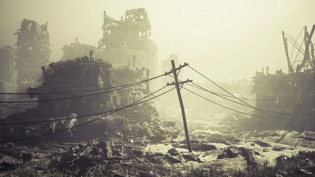 flooded street reflecting ruined skyline at golden hour, tilted utility pole and tangled wires cutting through warm light, waterlogged rubble and muddy tracks,