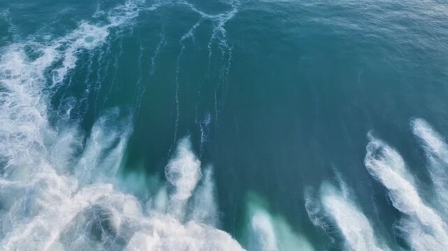 Dynamic ocean waves form white foam on a rough sea surface, aerial cinematic view