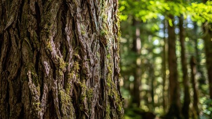 Obraz premium Close-up view of ancient gnarled tree bark with deep grooves and patches of lush green moss in a sun-dappled forest setting.