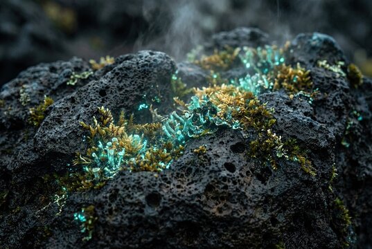 Bioluminescent Engineered Mosses and Lichens Spreading on Volcanic Rock on a Terraforming Planet with Cinematic Detail
