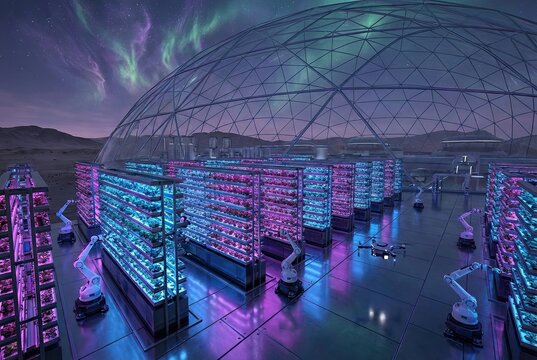 Futuristic Automated Hydroponic Farm on an Alien Planet with Glowing Crop Racks Inside a Massive Dome