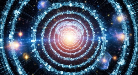 Obraz premium Digital brain structure forms the center of a glowing blue technological tunnel representing artificial intelligence and cognitive processing.