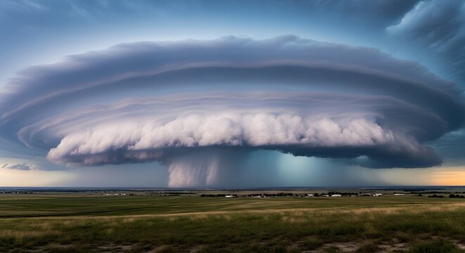 dramatic storm cloud with swirling patterns and lightning over flat landscape
