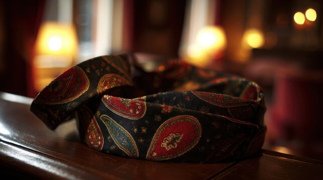 An elegant silk ascot with a detailed paisley pattern folded and displayed, showcasing intricate textile design and luxurious fashion.