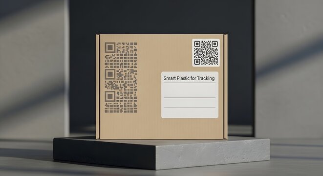 minimalist parcel box with QR code beige and black for e-commerce shipping