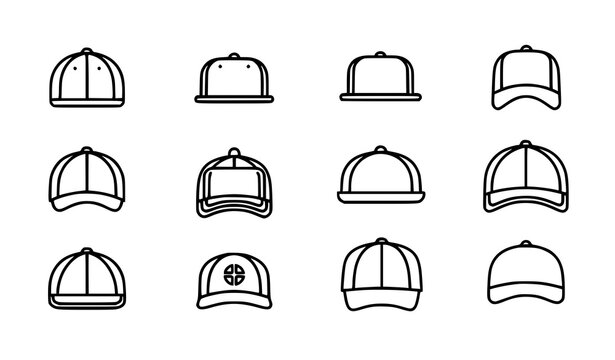 Minimal Baseball Cap Outline Icons Set Sports Hat Line Vector Collection
