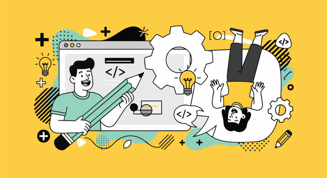 Illustration of developers with code, gears and light bulb icons on a yellow background, concept for software development, web design, and technology education.