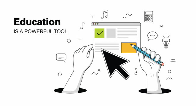Minimalist graphic of hands interacting with a web UI and a pencil, modern illustration for online learning, educational resources and creative design.