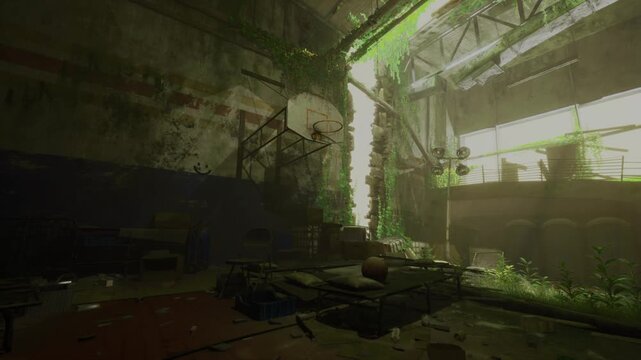 Derelict gym turned makeshift urban shelter with scattered mattresses, benches and salvaged gear beneath broken skylights vines thread through rafters, soft
