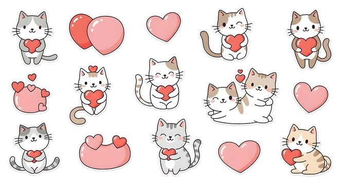 adorable cats and hearts in pink red colors with cute shapes for romantic theme