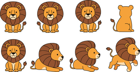 Fototapeta premium Cute Lion Cartoon Character Set with Different Poses Sitting Lying Walking and Back View Baby Animal Illustration for Kids Design and Wildlife Projects