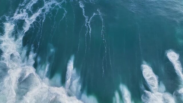 Aerial view shows powerful waves crashing with whitewater foam on a rough ocean surface.