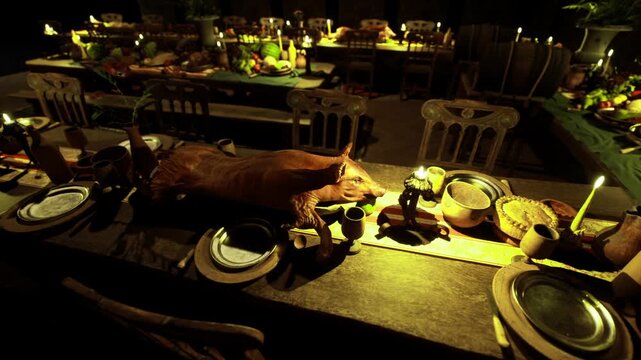 Roasted pig on candlelit table, farmhouse feast scene with vintage plates, brass bowls, linen runner and flickering candles warm golden glow across wooden
