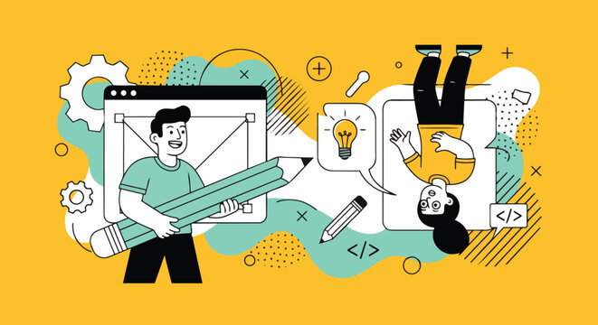 Two people brainstorming with pencil and lightbulb symbols on yellow background, concept for web design, software development and creative ideas.