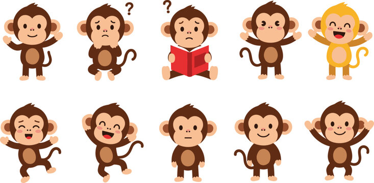 Cute Monkey Cartoon Character Set with Different Emotions Reading Book Question Expressions and Funny Poses for Kids Illustration and Animal Design Projects