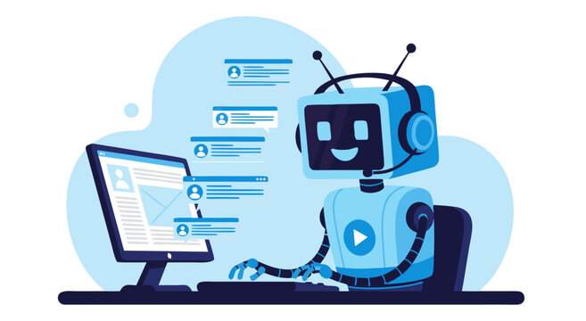 Vector illustration of a friendly robot chatbot assistant on a computer, providing customer support and communication