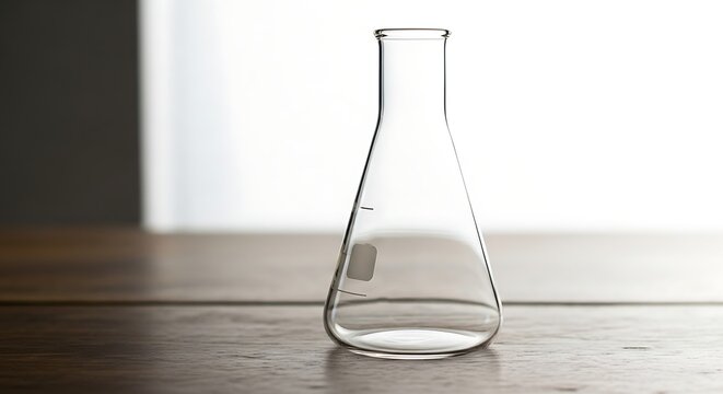 Clear empty Erlenmeyer flask resting on a wooden table surface