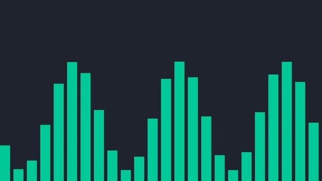 Dynamic visualization of a digital audio equalizer displaying sound waves with vibrant green bars against a dark background, representing frequency spectrum analysis or abstract data flow
