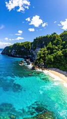 Fototapeta premium A breathtaking view of a tropical beach with vibrant turquoise waters, surrounded by lush green cliffs under a clear blue sky.