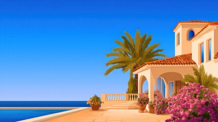 Obraz premium A Mediterranean villa overlooking the sea, with palm trees and vibrant flowers under a bright blue sky