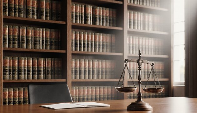 Scales of Justice on Lawyer Office Desk with Law Bookshelf Background