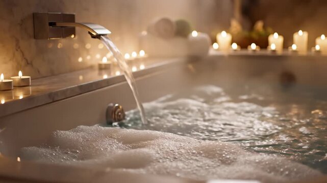 Luxury Bathtub Filling with Water From Faucet in Candlelit Spa