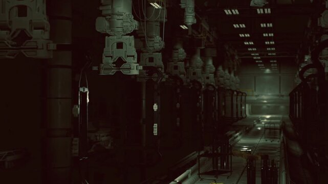 Dim engine corridor lined with machinery, long row of suspended turbines and piping, green ambient light casting deep shadows, reflective corridor floor showing