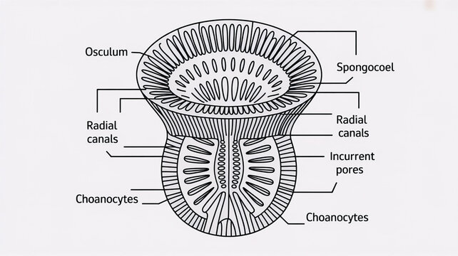 Sycon sponge anatomy learning concept showing clear structure with labeled parts on neutral background designed for marine biology education and easy understanding of internal organization