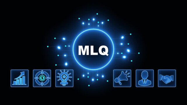 MLQ Acronym on Central Circuit Board. Digital Data Neon Circuit Board Concept. Idea, Growth, Target, Marketing, Lock, and Person Icons. Digital Technology Blue Background. 4k Video