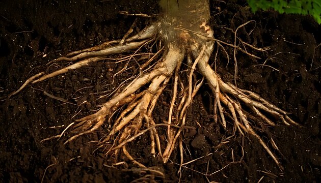 A close-up of a tree root system embedded in dark, rich soil, showcasing intricate network of roots