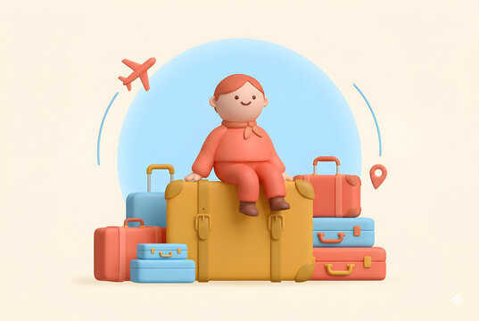 Cute 3D cartoon character sitting on top of colorful luggage suitcases with airplane and location pin representing travel and vacation illustration on beige background.