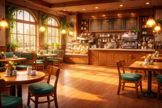 Cozy caf&eacute; interior with wooden furniture and a display of pastries.