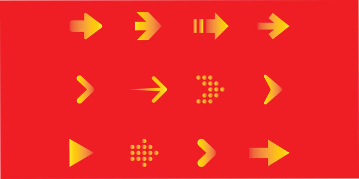 Artistic red color background and yellow arrow icon set design, Color arrow sign and symbol, 