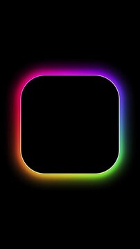 Abstract gradient neon square frame on black background, vibrant rainbow color LED sign for design, animated multicolored laser light spectrum loop presentation, empty futuristic glowing line