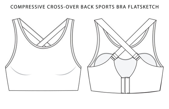 Women's compressive cross-over back sports bra flat sketch. Activewear technical CAD drawing front and back view. Apparel tech pack vector template.