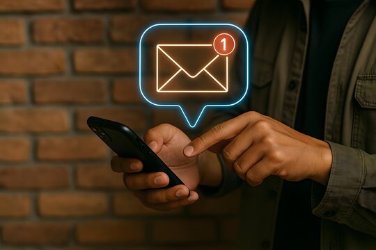Person's hands are holding a smartphone displaying a glowing email notification icon with a red circle indicating one unread message against a brick wall.
