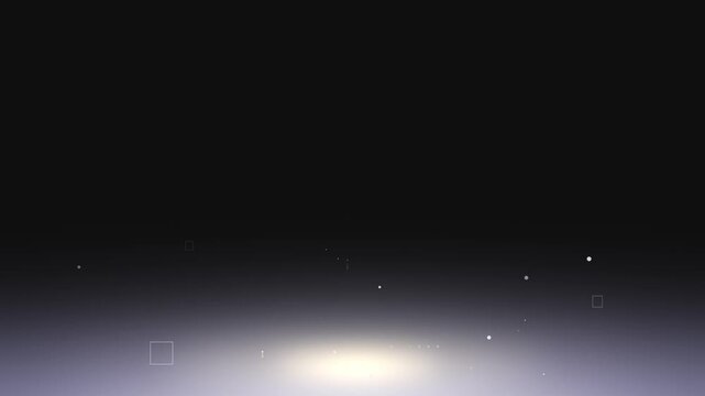 Abstact random white floating geometric shape on black background with copy space, digital geometry design circles, dots, rectangle element motion graphic, technology data connection concept