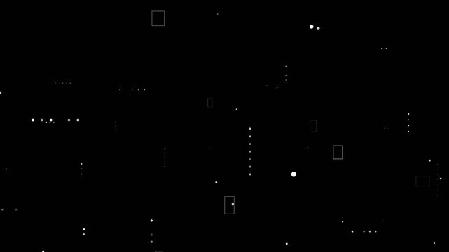 Abstact random white floating geometric shape on black background with copy space, digital geometry design circles, dots, rectangle element motion graphic, technology data connection concept