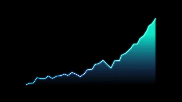 Glowing blue line chart isolated on black background, growth earning business report concept, uptrend neon technology style graph raising profits market success, investment commodity prices animation