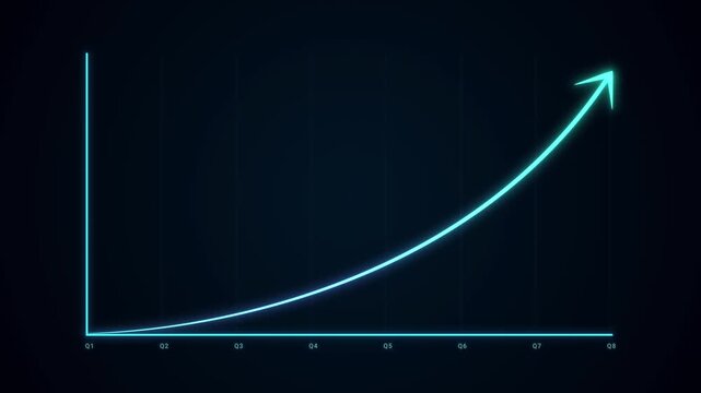 Glowing blue arrow chart with new high revenue, growth earning business success report concept, uptrend neon technology style graph raising profits market, investment price trend line animation