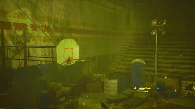 Dilapidated basketball court bathed in sickly yellow light, makeshift shelter formed from crates and portable units, floodlight glow highlights grime