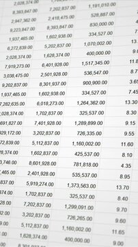 Closeup financial income table and accounting document, business sale revenue data analysis spreadsheet, trading company investment profit statistic report, corporate stock market cost statement sheet