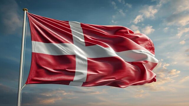 Danish national flag waving against a cloudy sky during sunset.